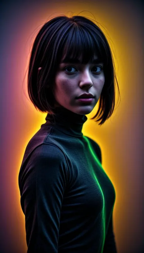 1girl, solo, monochrome, greyscale, bob cut, short hair, portrait, turtleneck, closed mouth, bangs, looking at viewer, blunt ban...