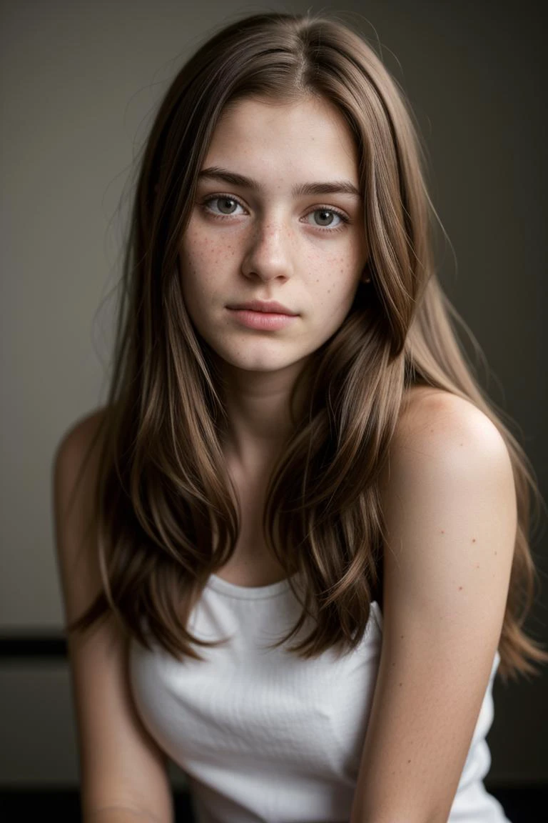 professional, masterpiece, 8k, hyperrealistic portrait of a 19yo cute brunette girl, long hair, (looking shy:1.3), freckles, detailed face, detailed skin, photography, hq, photorealistic,