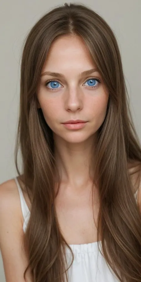 a close up of a woman with long hair and blue eyes