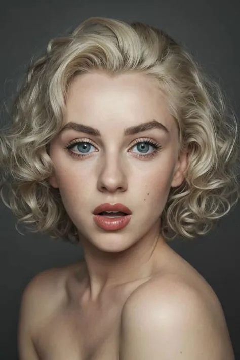 sfw, award winning film still conveying a sense of shocking surprise, unusual angle view, photo facial portrait of a ravishing young irish girl ressembling Marilyn Monroe, platinum blond wavy curly wild hair, (big round eyes), (wide opened mouth), brows lift up, (naive) (innocent) (surprised) (shocked) expression, very dark background, intricately detailed, dim light, low key, natural backlighting, dramatic LUT, film grain