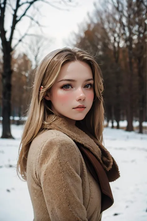 a woman with long hair and a scarf standing in the snow