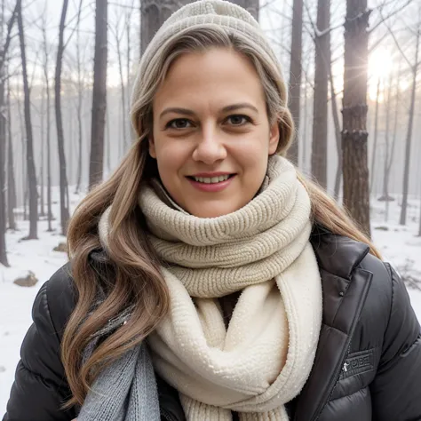 arafed woman in a winter coat and scarf standing in a snowy forest