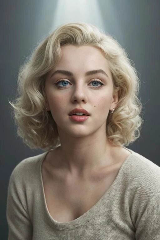 sfw, award winning film still conveying a sense of delightful surprise, unusual angle view, photo facial portrait of a ravishing young irish girl ressembling Marilyn Monroe, platinum blond wavy curly wild hair, (big round eyes), (o mouth), brows lift up, naive innocent surprised expression, (gazes towards the light:1.3), very dark background, intricately detailed, dim light, low key, natural backlighting, dramatic LUT, film grain