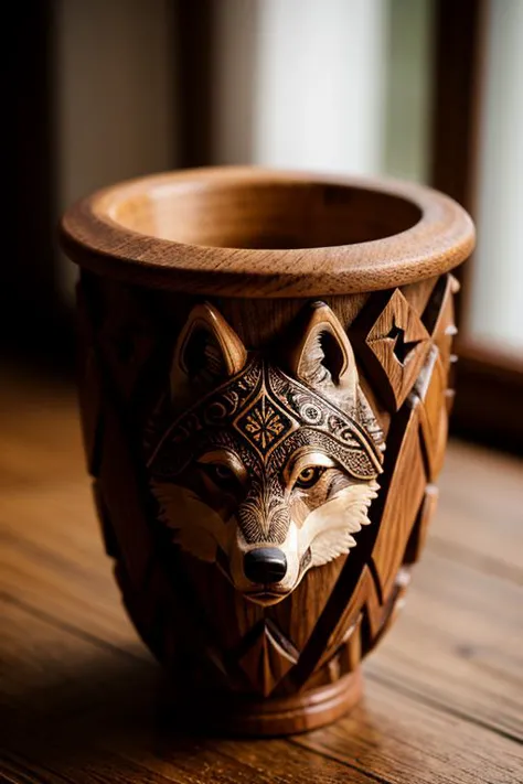 there is a wooden bowl with a carved animal on it