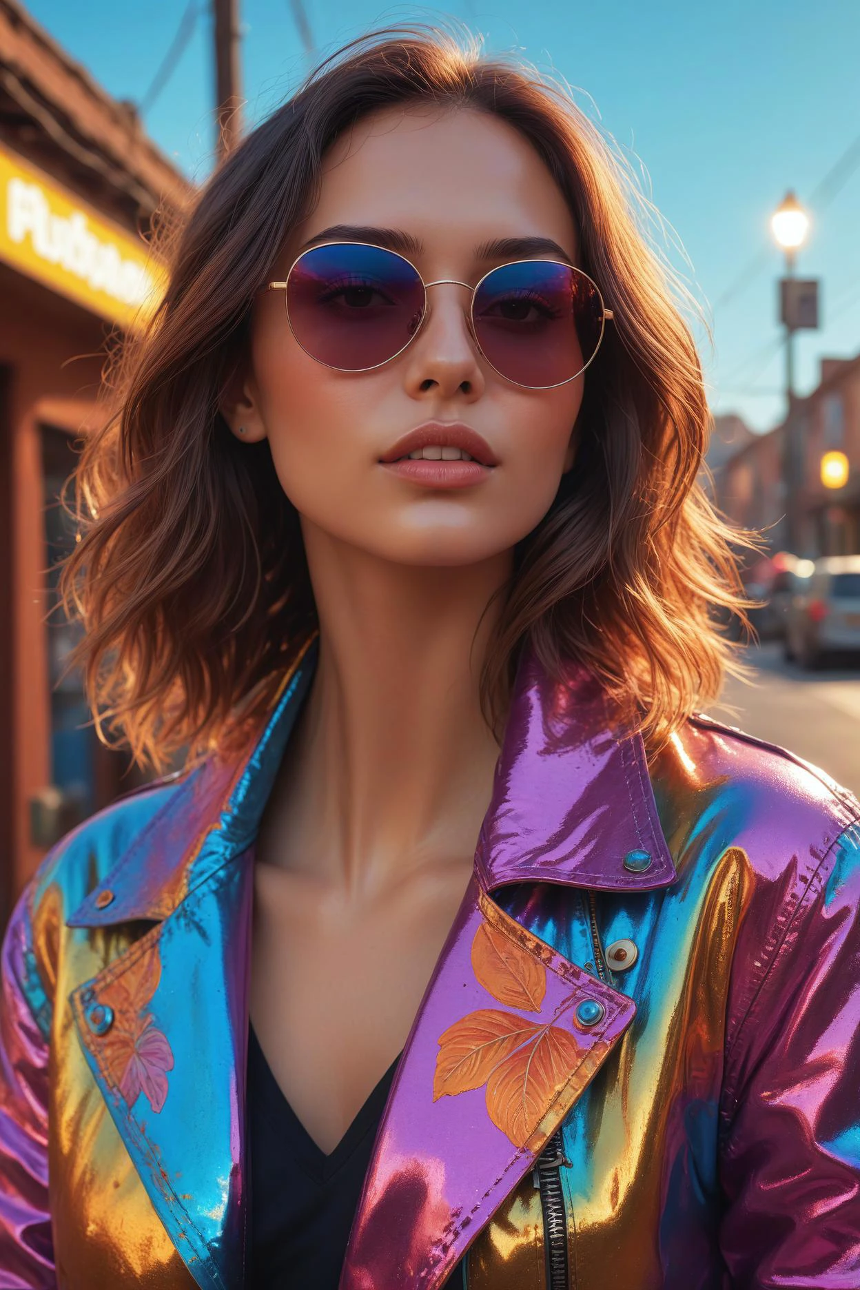 bohemian aesthetic bright, (friarmoody lighting,perfect features,sharp,4k,moist skin,soft cinematic light,soothing tones,soft image,), a woman wearing a shiny jacket and sunglasses posing for a picture, style in digital painting, style digital painting, in style of digital illustration, cinema 4d colorful render, in style of digital painting, vibrant digital painting, colorful digital painting, glossy digital painting, smooth digital art, 3d digital art 4k, full color digital art, smooth. digital painting . free spirited, eclectic, colorful, highly detailed
