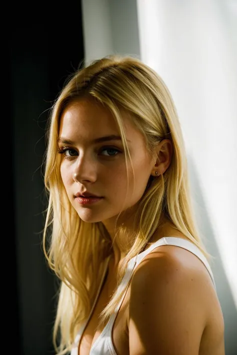 a close up of a woman with long blonde hair and a white tank top