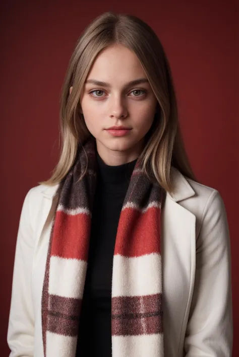 a woman wearing a white coat and a red and brown scarf