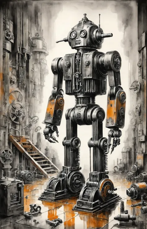 a painting of a robot standing in a city with a staircase