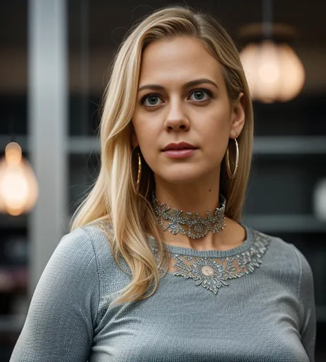 a close up of a woman with a necklace on her neck