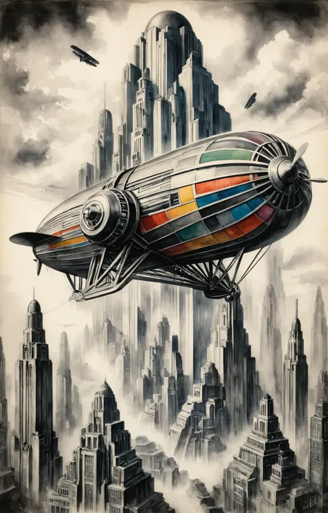 a painting of a large multicolored airplane flying over a city