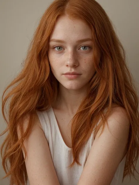 professional, masterpiece, 8k, hyperrealistic portrait of a 20yo cute ginger girl, long hair, redhead,  (looking shy:1.3), freck...