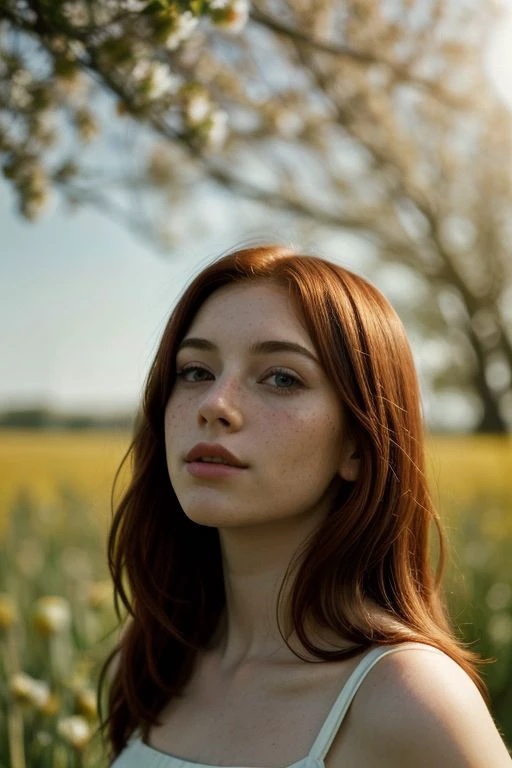 Gorgeous freckled red hair human 1girl, furry,  spring background, outdoor, spring day, best quality, high quality, masterpiece