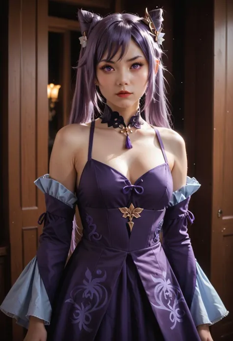 score_9, score_8_up, score_7_up, (cinematic lighting), photorealistic, aesthetic, (keqing \(genshin impact\)), (pretty chinese girl), purple eyes, purple hair, cone hairbuns, twintails, cute frilly purple dress, detached sleeves