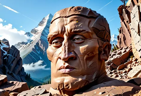 a close up of a statue of a man with a mountain in the background