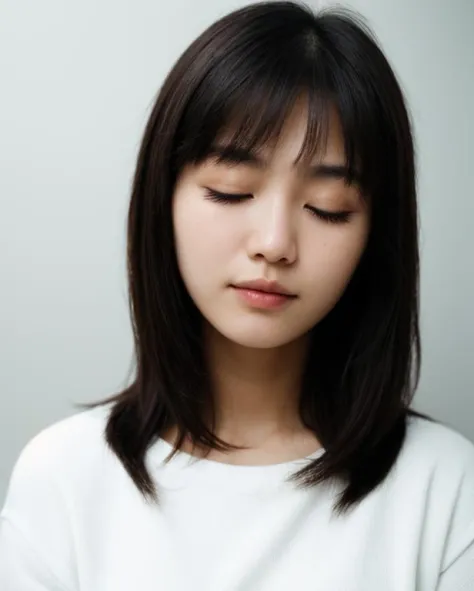 face closeup,closed eyes,beautiful girl,beautiful south korean girl,dark theme, detailed skin, empty background