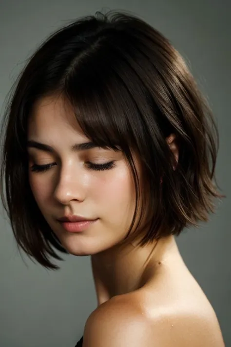 face closeup,closed eyes,beautiful brunette girl with short hair,dark theme, detailed skin, empty background