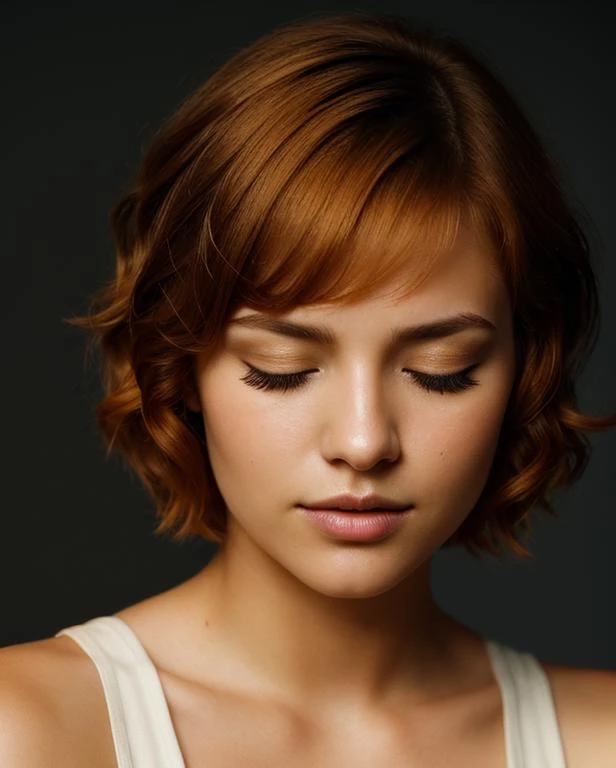 [close de rosto],olhos fechados,garota linda,(pele dourada),ruiva,cabelo curto,[Corte Bob Encaracolado],tema escuro, [detalhado skin], fundo vazio,[4K],[Full HD],[posando],[imagem nítida],[alta qualidade],[detalhado],[iluminação dramática],[dslr],[Fotografo profissional]