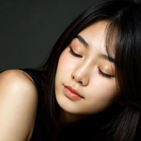 asian,japanese,face closeup,closed eyes,beautiful girl,brunette,dark theme, detailed skin, empty background