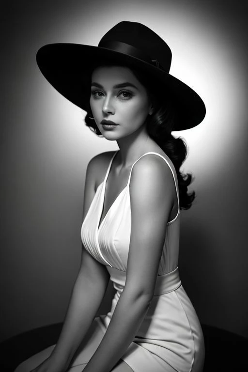 beautiful woman,[film noir], [full-body shot], [black and white photo], [vintage], [fedora hat],[chiaroscuro lighting], [thriller], beautiful perfect face,[detailed],[perfect human anatomy],[professional photography],[posing],[cinematic],[40s],[very old elegant clothes]