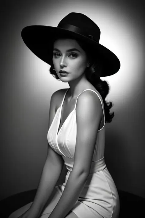 beautiful woman,[film noir], [full-body shot], [black and white photo], [vintage], [fedora hat],[chiaroscuro lighting], [thrille...