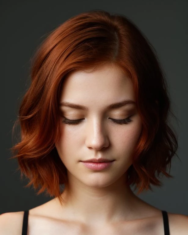 Gesicht Nahaufnahme,geschlossene Augen,Schönes rothaariges Mädchen mit kurzen Haaren,Dunkles Thema, detaillierte Haut, leerer Hintergrund