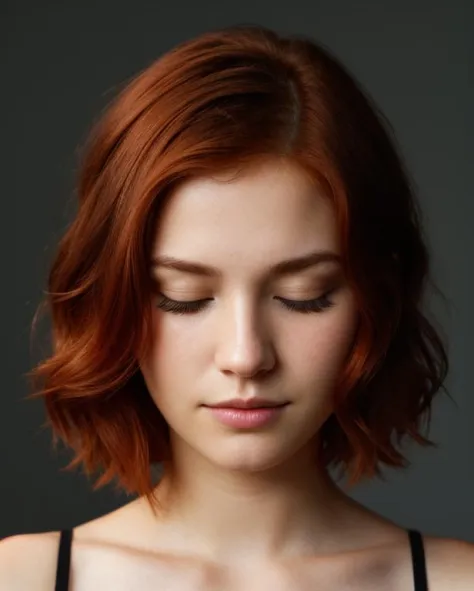 face closeup,closed eyes,beautiful redhead girl with short hair,dark theme, detailed skin, empty background