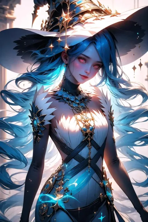 <lora:wrenchfeazura:1>, feazura, 1girl, solo, parted lips, light smile, water, white background, head tilt, arms behind back, blue hair, <lora:wrenchwitchiness:1>, wrenchwitchiness, glowing eyes, glowing,