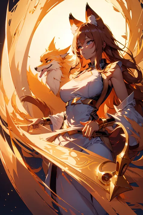 anime girl with a fox and a sword in her hand