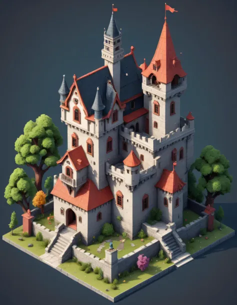 isometric view, pixal art, little castle