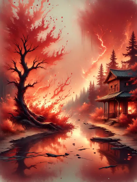 (heavy fire on the background:1.3), water, reflections, wind, damage paper, drowning, fire in the background, home, red fog, 
em...