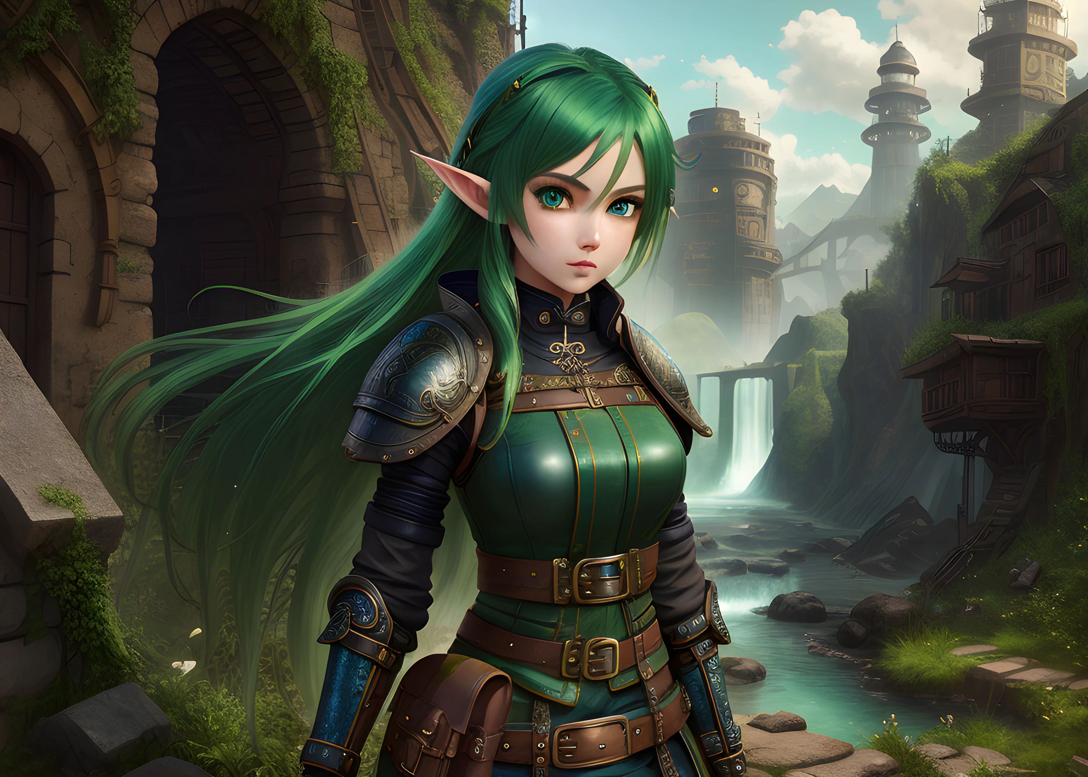 A woman with green hair and green eyes stands in front of a waterfall -  SeaArt AI