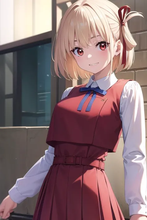 chisatonishikigi, <lora:chisatonishikigi-lora-nochekaiser:1>, 
nishikigi chisato, short hair, bangs, blonde hair, (red eyes:1.5), hair ribbon, one side up, bob cut, <lora:talkmouth_I_v100:1>, open mouth,
BREAK shirt, long sleeves, dress, ribbon, white shirt, collared shirt, belt, neck ribbon, red dress, blue ribbon, pleated dress, grey dress, two-tone dress, red belt, lycoris uniform,
BREAK outdoors, city,
BREAK looking at viewer, (cowboy shot:1.5),
BREAK <lyco:GoodHands-beta2:1>, (masterpiece:1.2), best quality, high resolution, unity 8k wallpaper, (illustration:0.8), (beautiful detailed eyes:1.6), extremely detailed face, perfect lighting, extremely detailed CG, (perfect hands, perfect anatomy),