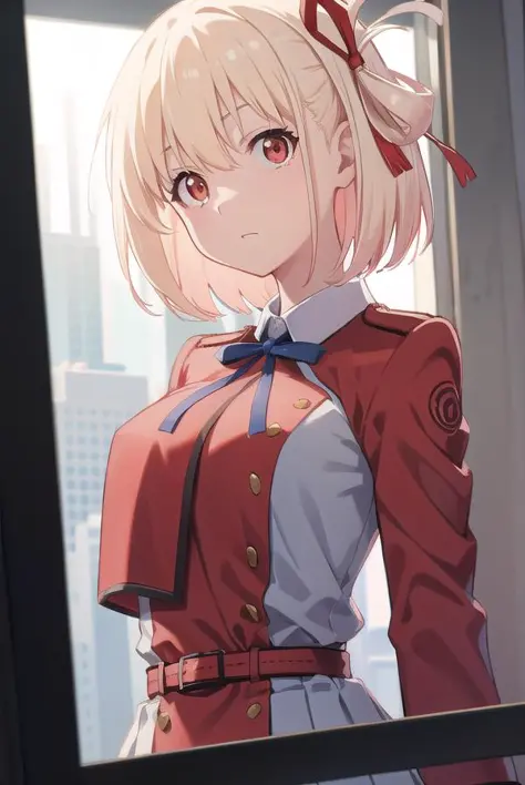 chisatonishikigi, nishikigi chisato, short hair, bangs, blonde hair, (red eyes:1.5), hair ribbon, one side up, bob cut,
BREAK shirt, long sleeves, dress, ribbon, white shirt, collared shirt, belt, neck ribbon, red dress, blue ribbon, pleated dress, grey dress, two-tone dress, red belt, lycoris uniform,,
BREAK outdoors, city,
BREAK looking at viewer, BREAK (masterpiece:1.2), best quality, high resolution, unity 8k wallpaper, (illustration:0.8), (beautiful detailed eyes:1.6), extremely detailed face, perfect lighting, extremely detailed CG, (perfect hands, perfect anatomy),