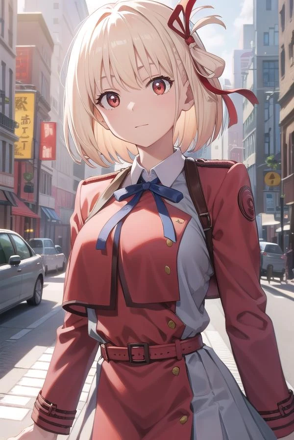 chisatonishikigi, nishikigi chisato, short hair, bangs, blonde hair, (red eyes:1.5), hair ribbon, one side up, bob cut,
BREAK shirt, long sleeves, dress, ribbon, white shirt, collared shirt, belt, neck ribbon, red dress, blue ribbon, pleated dress, grey dress, two-tone dress, red belt, lycoris uniform,,
BREAK outdoors, city,
BREAK looking at viewer, BREAK (masterpiece:1.2), best quality, high resolution, unity 8k wallpaper, (illustration:0.8), (beautiful detailed eyes:1.6), extremely detailed face, perfect lighting, extremely detailed CG, (perfect hands, perfect anatomy),