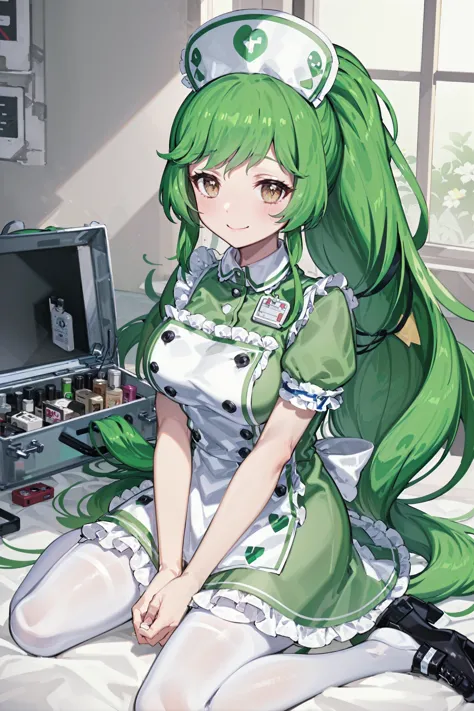 masterpiece, absurdres, high detail, uhd, hospital, bed,
wariza, holding aid, first aid kit, smile,
rutika, green hair, very long hair, ponytail, nurse, nurse cap, green dress, heart, frills, white apron, puffy_short_sleeves, frilled_dress, white_pantyhose,
 <lora:gomaotsu-rucchika-t1:0.7>