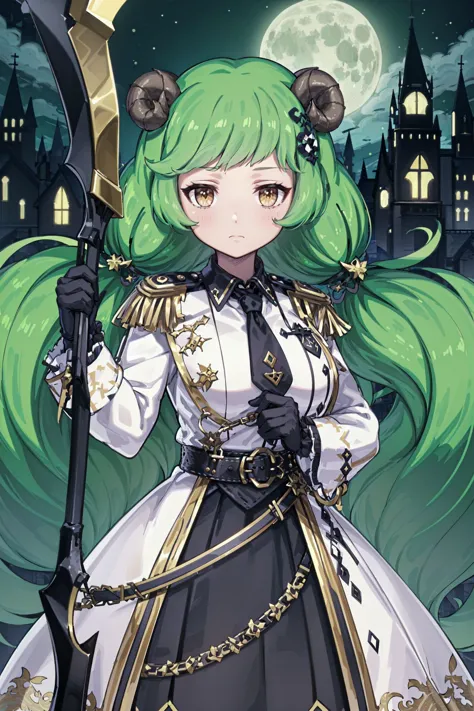 night, castle, full moon, stone road,
standing, holding scythe, serious, closed mouth, 
rutika, green hair, very long hair, twintails, sheep horns,  military uniform, hair ornament, white jacket, white dress, long sleeves, white necktie, black gloves, belt, long skirt, epaulettes, gold trim
<lora:gomaotsu-rucchika-t1:0.7>