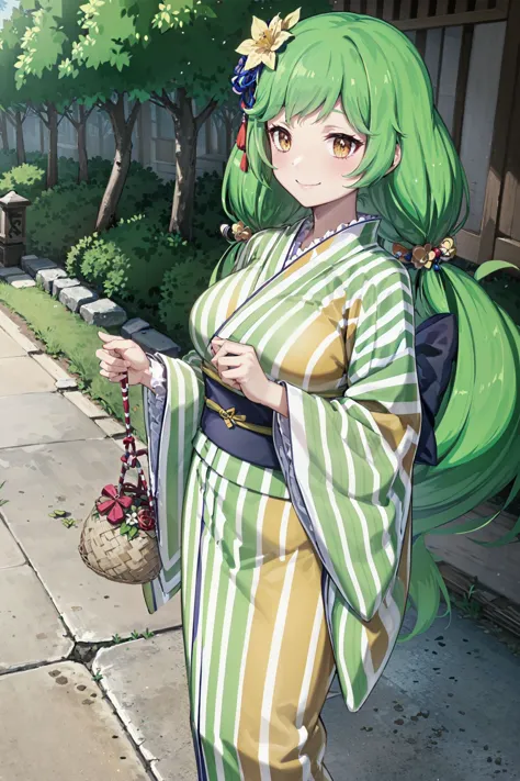 anime girl in green and white kimono outfit holding a purse