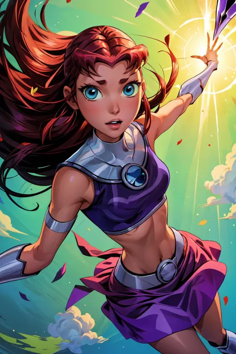 <lora:StarfireTT:0.8> starfire, skirt, anime, 2d, cartoon, midriff, 1girl, solo,( flying:1.1),( floating:1.1), <lora:add_detail:...