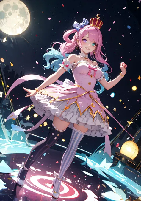 (masterpiece,best quality:1), high resolution, Front face lighting
1girl, full body, little body, cute woman, highlight, fantasy scenery,
smile,
shiny skin, shiny hair, large breasts,
himemori_luna, green eye, heterochromia, purple eye, multicolored hair, pink hair, blue hair, gradient hair
thighhighs, single hair ring, long hair, crown, crescent earrings, candy hair ornament, hair ornament, high heels, mismatched legwear, bracelet, pink dress, mini crown, princess, bare shoulders, vertical stripes, wavy hair, bow, crescent print, vertical-striped thighhighs
stage, stage lights, dynamic pose, smile, detailed background, floating hair,
<lora:light powder:0.7>
 <lora:KitsuneAi-HimemoriLuna-LoCon32V1:0.7>