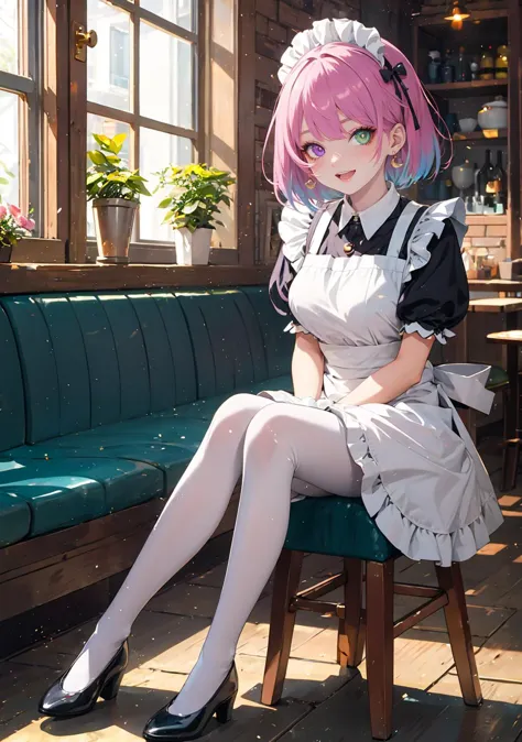 (masterpiece,best quality:1), high resolution, Front face lighting
1girl, full body, little body, cute woman, highlight, fantasy scenery,
smile, open mouth,
shiny skin, shiny hair, large breasts,
himemori_luna, green eye, heterochromia, purple eye, multicolored hair, pink hair, blue hair, gradient hair
crescent earrings, earrings, necklace, short hair,
silk full body suit, silk thigh suit, covered skin, maid apron, maid ribbon, gloves, indoors, cafe,
<lora:light powder:0.7>
 <lora:KitsuneAi-HimemoriLuna-LoCon32V1:0.7>