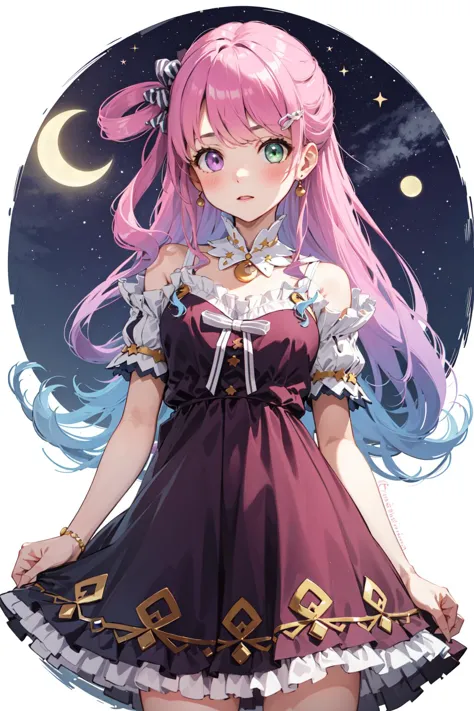 a girl in a dress with pink hair and a moon in the background