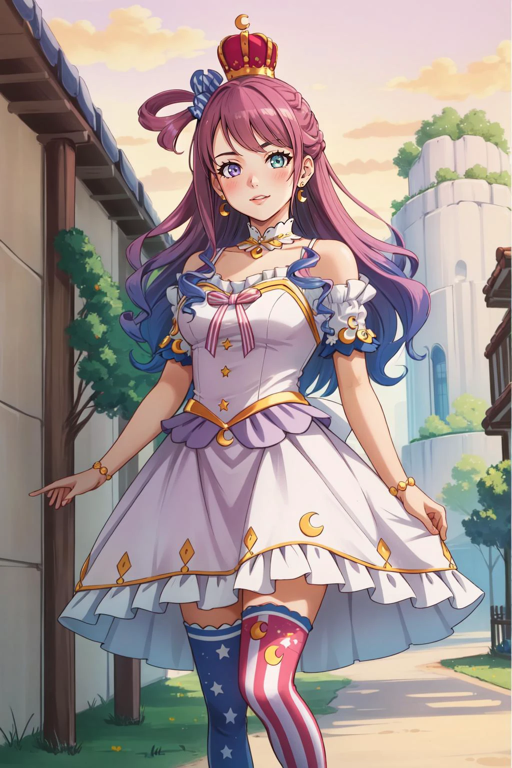 (masterpiece, best quality),  intricate details,
1girl,   himemori luna,   thighhighs, single hair ring, long hair, crown, crescent earrings, candy hair ornament, hair ornament, high heels, mismatched legwear, bracelet, pink dress, mini crown, princess, bare shoulders, vertical stripes, wavy hair, bow, crescent print, vertical-striped thighhighs
 break wasteland, brown ground, white ground, outdoors, grass,