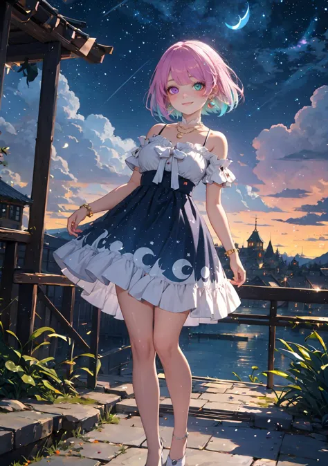 (masterpiece,best quality:1), high resolution, Front face lighting
1girl, full body, little body, cute woman, highlight, fantasy scenery,
smile, blush,
shiny skin, shiny hair, large breasts,
himemori_luna, green eye, heterochromia, purple eye, multicolored hair, pink hair, blue hair, gradient hair
blue dress, crescent earrings, earrings, smile, bracelet, necklace, crescent, short hair, starry sky print, collarbone
outdoors, fantasy scenery, fish, whale, scenery, sky, fantasy, cloud, animal, light particles, star (sky), building, tree, glowing, starry sky, city, night,
<lora:light powder:0.7>
 <lora:KitsuneAi-HimemoriLuna-LoCon32V1:0.7>