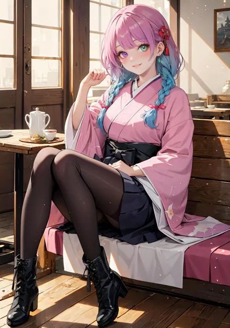 anime girl with blue hair sitting on a bench in a room