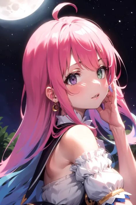 a close up of a person with pink hair and a dress