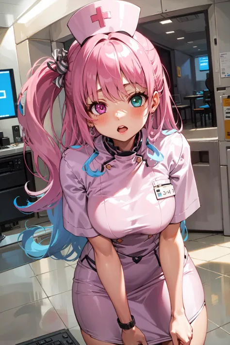 anime character dressed in pink uniform posing in front of a computer