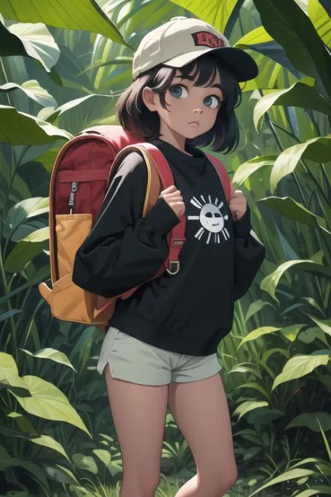(best quality, masterpiece), 1girl, long sleeves, cap, shorts, jungle, backpack, sun, tired, standing,high res,(colorful:1.4),lo...