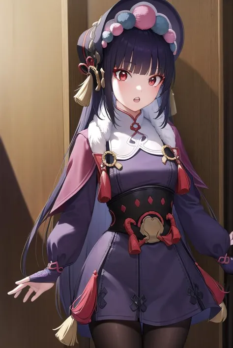 yunjin, <lora:yunjin-lora-nochekaiser:1>,
yun jin, black hair, blunt bangs, braid, eyeshadow, long hair, makeup, purple hair, (red eyes:1.5), red eyeshadow, (small breasts:1.2), <lora:surprised_v100:1>, <lora:talkmouth_U_v100:1>, open mouth,
BREAK black footwear, boots, chinese clothes, fur trim, hat, knee boots, long sleeves, pantyhose, pom pom (clothes), purple pantyhose,
BREAK indoors, theater,
BREAK looking at viewer, (cowboy shot:1.5), upper body,
BREAK <lyco:GoodHands-beta2:1>, (masterpiece:1.2), best quality, high resolution, unity 8k wallpaper, (illustration:0.8), (beautiful detailed eyes:1.6), extremely detailed face, perfect lighting, extremely detailed CG, (perfect hands, perfect anatomy),