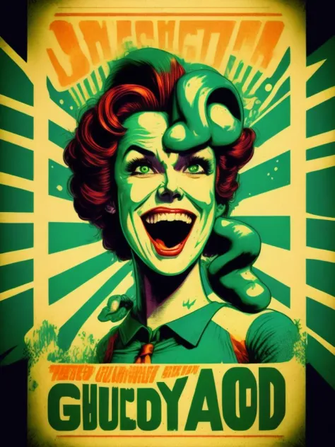 <lora:ButcherBilly:1>a splash of green acid, laughing out loud, art by Butcher Billy, grunge