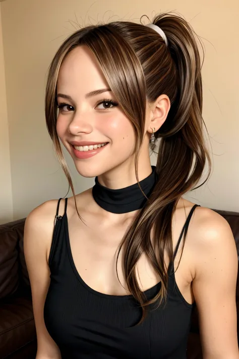 a close up of a woman with a ponytail and a black top